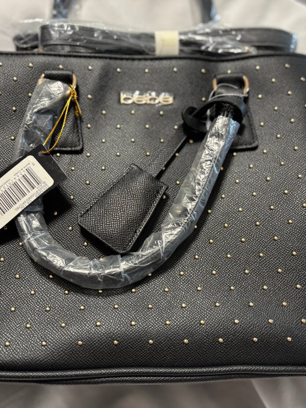 bebe Sagan Studded Satchel, Black Handbag
